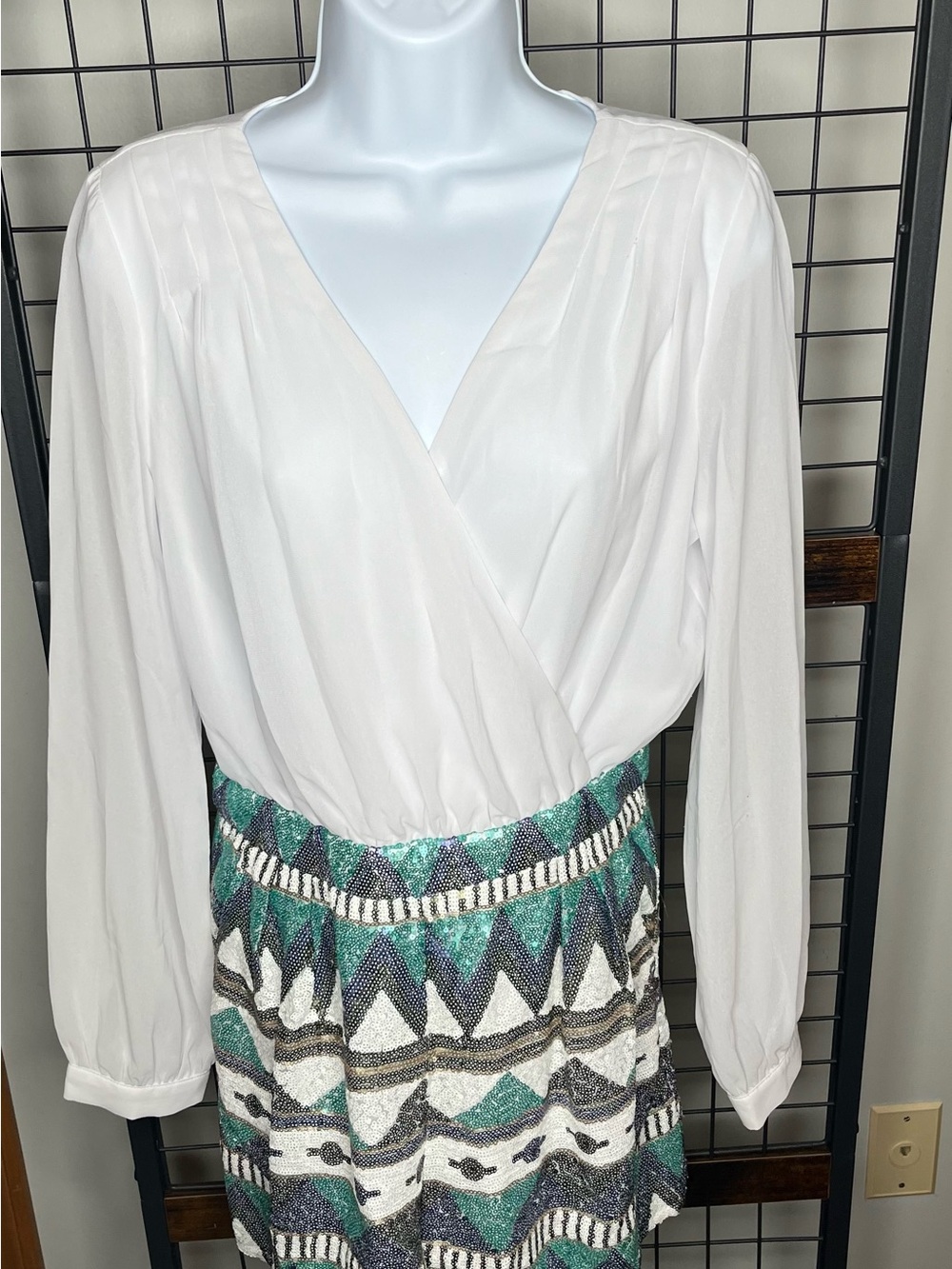 DEPRI Sequin-Embellished Romper in White with Multicolor Sequins. Size Medium